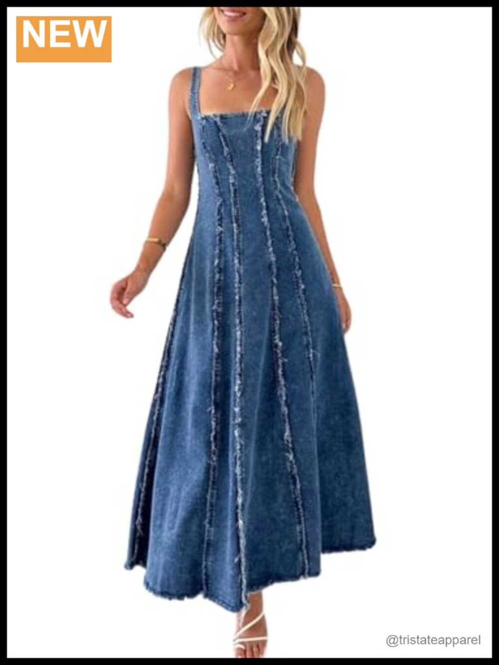 Adjustable Spaghetti Strap Maxi Denim Dress A-Line Swing Distressed Jean Sun